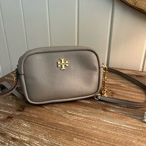 Tory Burch Gray Leather Crossbody Bag with Gold Logo